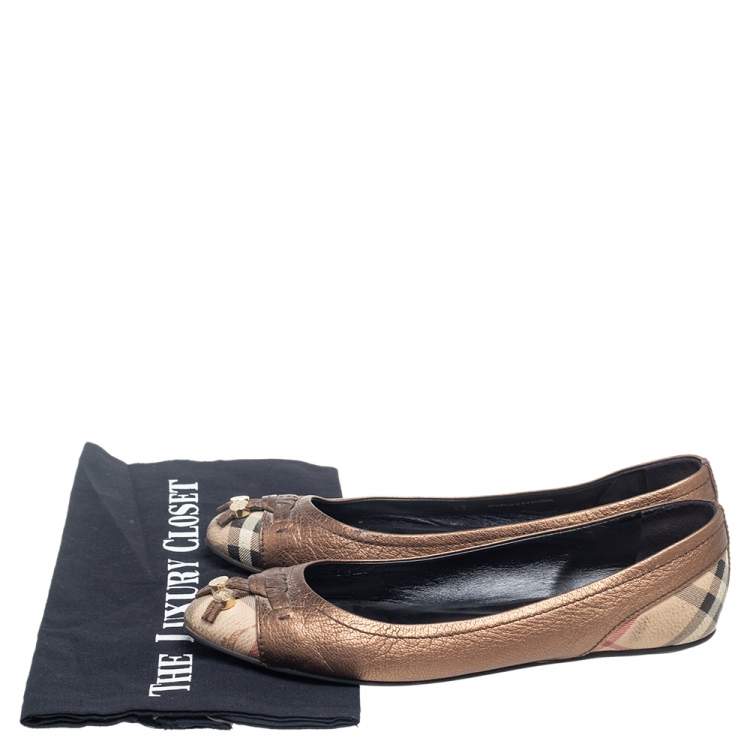 Pre Owned Burberry Bronze/Beige Leather and Nova Check PVC Charm Bow Ballet Flats Size 37