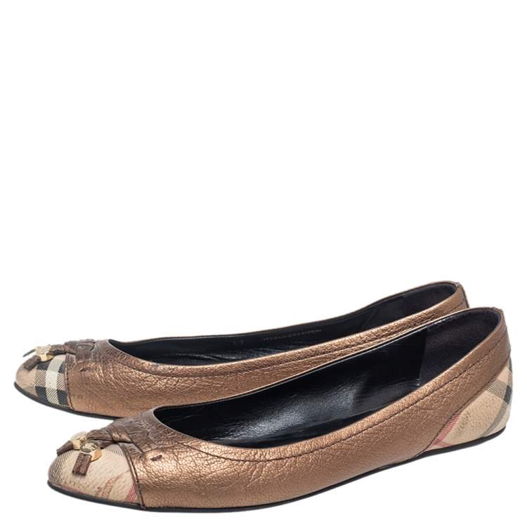 Pre Owned Burberry Bronze/Beige Leather and Nova Check PVC Charm Bow Ballet Flats Size 37