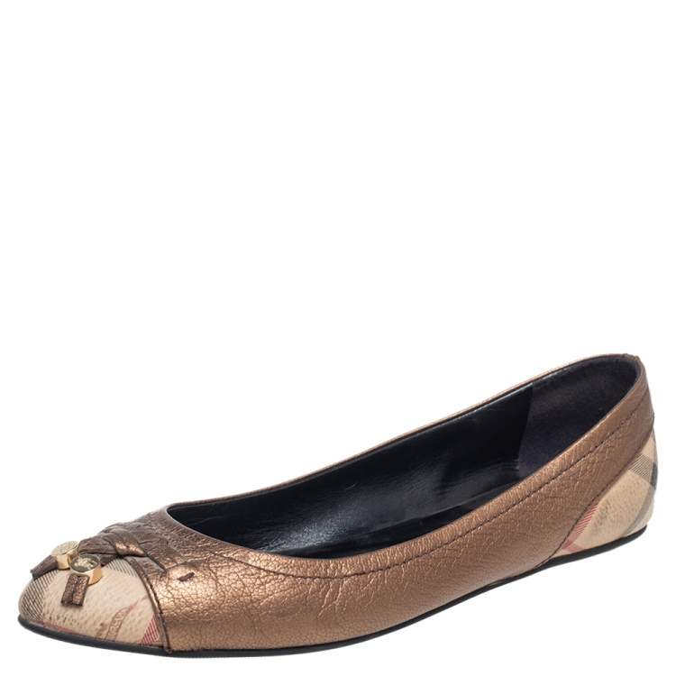 Pre Owned Burberry Bronze/Beige Leather and Nova Check PVC Charm Bow Ballet Flats Size 37