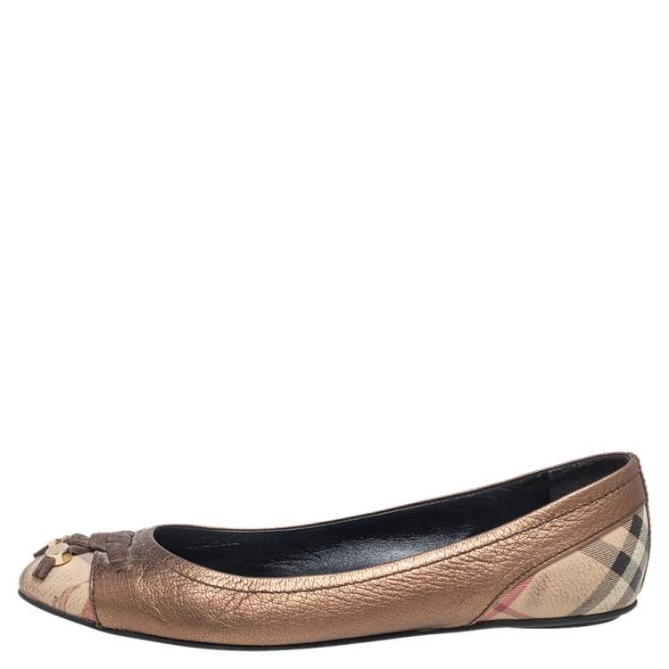 Pre Owned Burberry Bronze/Beige Leather and Nova Check PVC Charm Bow Ballet Flats Size 37