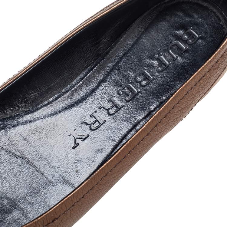 Pre Owned Burberry Bronze/Beige Leather and Nova Check PVC Charm Bow Ballet Flats Size 37