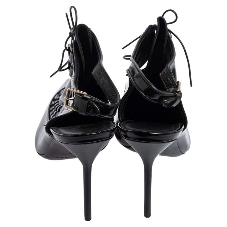 Pre Owned Burberry Black Patent Leather Buckton Pointed-Toe Slingback Pumps Size 39