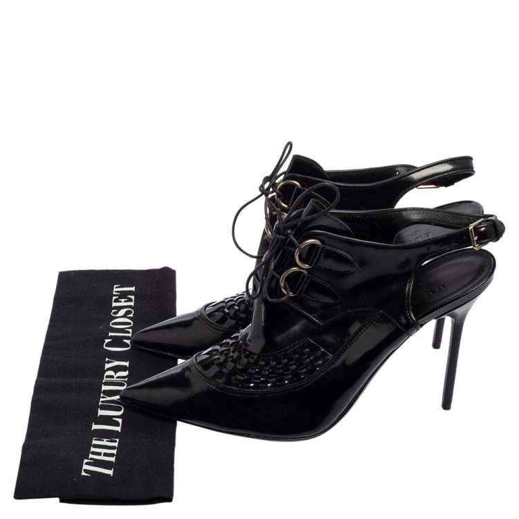 Pre Owned Burberry Black Patent Leather Buckton Pointed-Toe Slingback Pumps Size 39