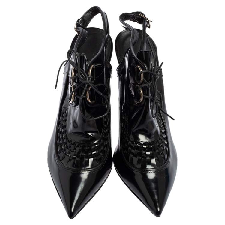 Pre Owned Burberry Black Patent Leather Buckton Pointed-Toe Slingback Pumps Size 39