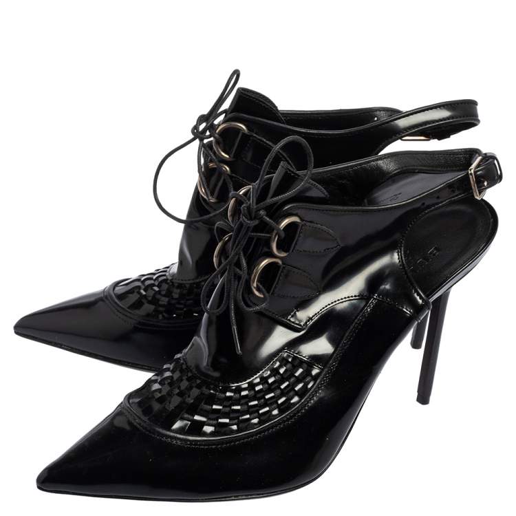 Pre Owned Burberry Black Patent Leather Buckton Pointed-Toe Slingback Pumps Size 39