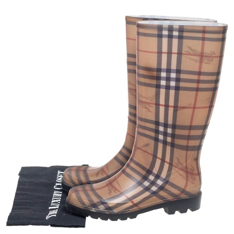 Pre Owned Burberry Brown Nova Check Rubber Rain Boots Size 39