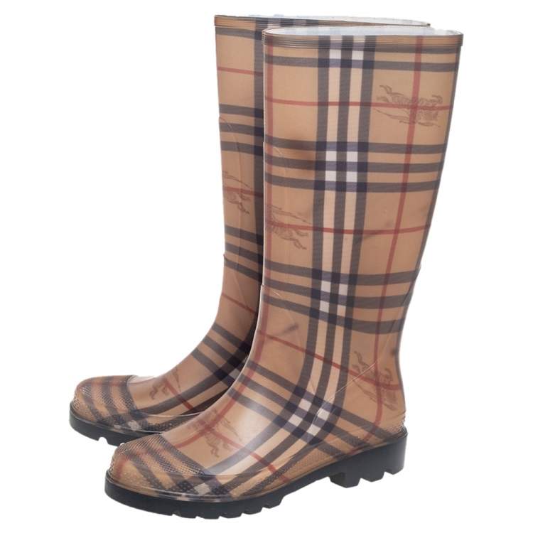 Pre Owned Burberry Brown Nova Check Rubber Rain Boots Size 39