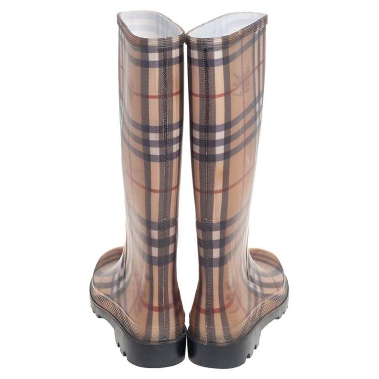 Pre Owned Burberry Brown Nova Check Rubber Rain Boots Size 39