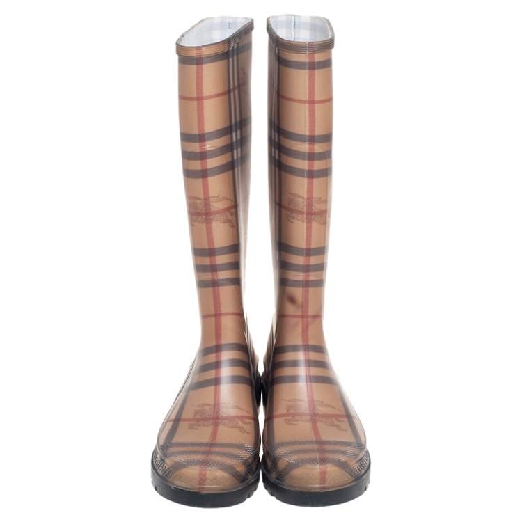 Pre Owned Burberry Brown Nova Check Rubber Rain Boots Size 39