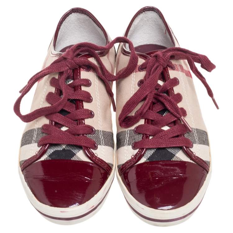 مملوكة مسبقًا Burberry Pink Nova Check Canvas And Patent Leather Low Top Sneakers Size 37