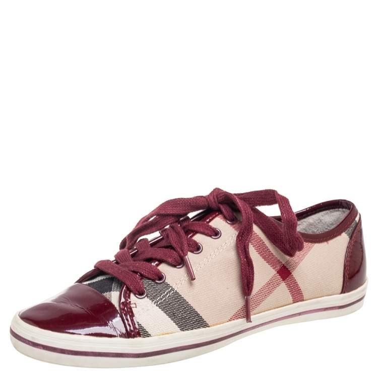 مملوكة مسبقًا Burberry Pink Nova Check Canvas And Patent Leather Low Top Sneakers Size 37