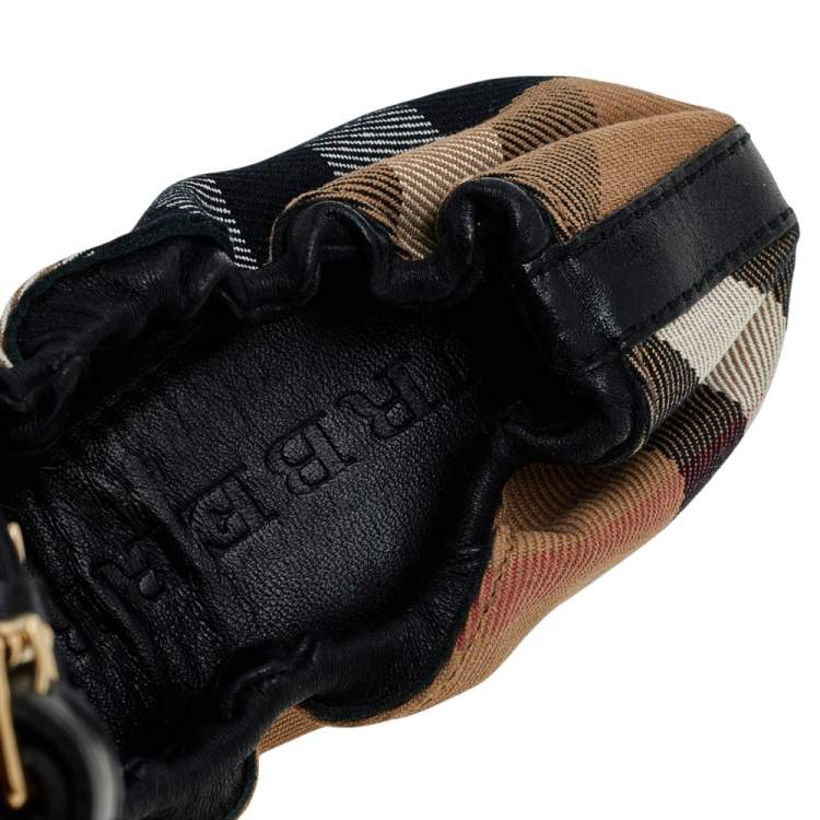 Pre Owned Burberry Black/Beige Novacheck Canvas and Leather Buckle Scrunch Ballet Flats Size 41