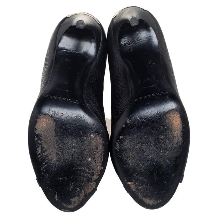 Pre Owned Burberry Black Grained Leather Peep Toe Front Zip Booties Size 37