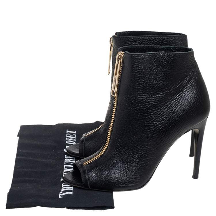 Pre Owned Burberry Black Grained Leather Peep Toe Front Zip Booties Size 37