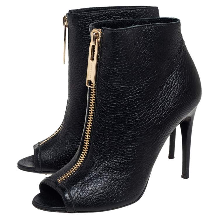 Pre Owned Burberry Black Grained Leather Peep Toe Front Zip Booties Size 37