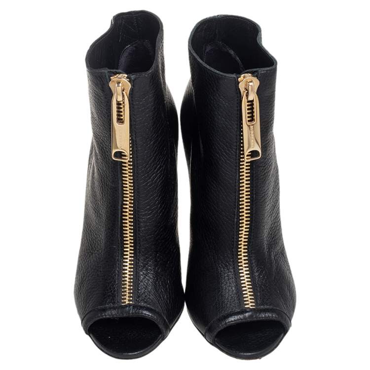 Pre Owned Burberry Black Grained Leather Peep Toe Front Zip Booties Size 37