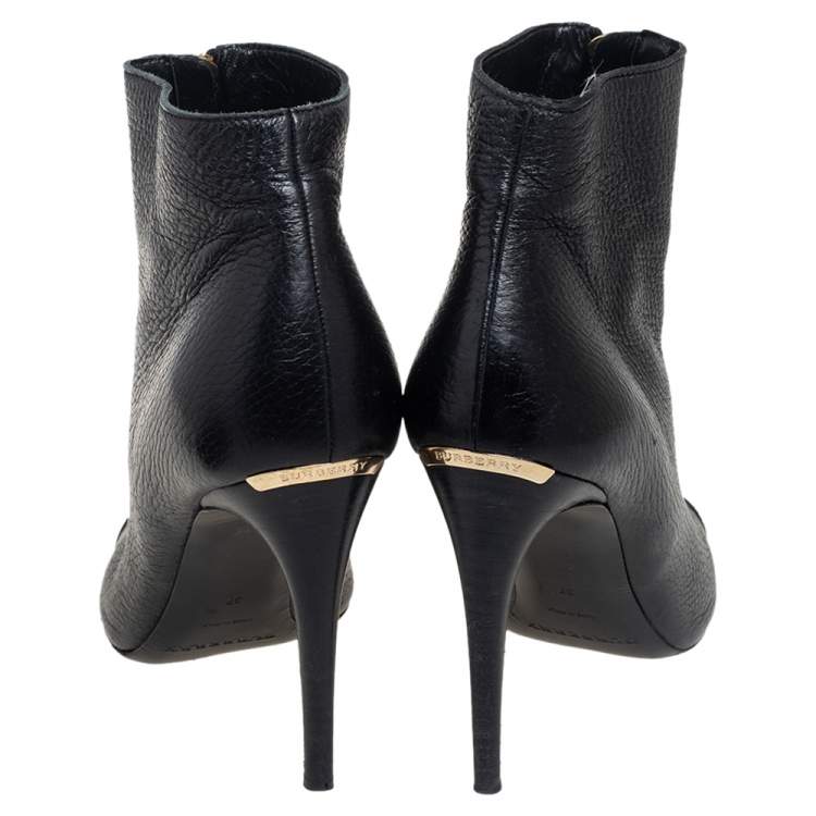 Pre Owned Burberry Black Grained Leather Peep Toe Front Zip Booties Size 37