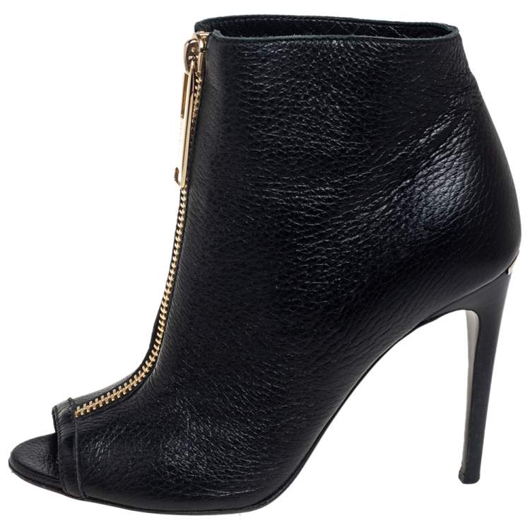 Pre Owned Burberry Black Grained Leather Peep Toe Front Zip Booties Size 37