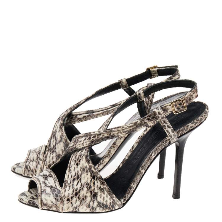 Pre Owned Burberry Cream/Black Python Embossed Leather Criss Cross Slingback Sandals Size 35
