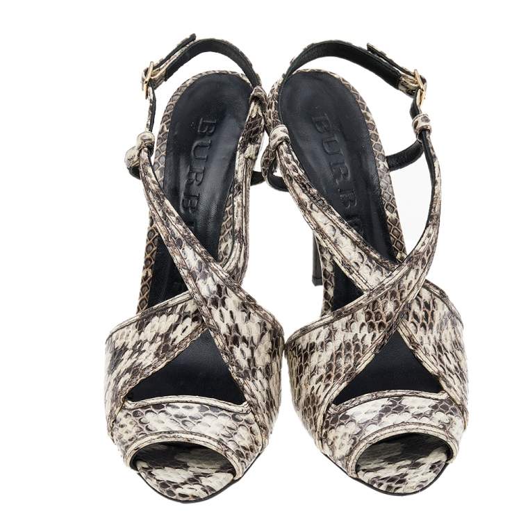 Pre Owned Burberry Cream/Black Python Embossed Leather Criss Cross Slingback Sandals Size 35