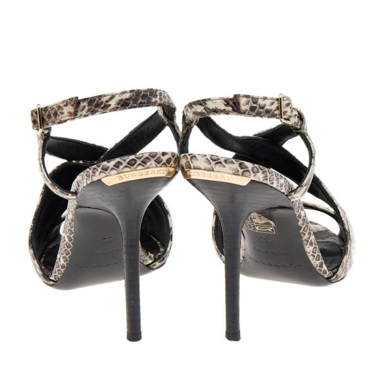 Pre Owned Burberry Cream/Black Python Embossed Leather Criss Cross Slingback Sandals Size 35