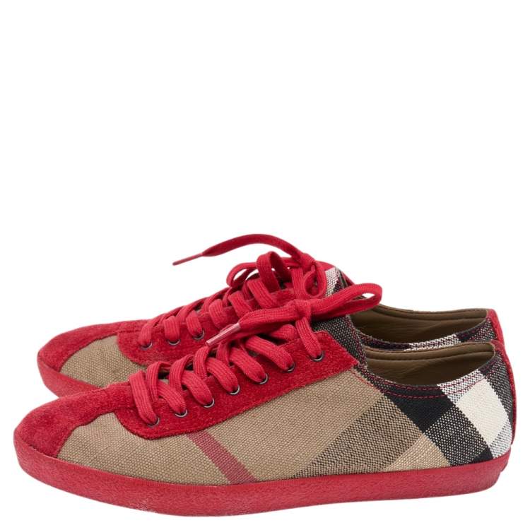 Pre Owned Burberry Red/Beige Suede And Novacheck Canvas Low Top Sneakers Size 39