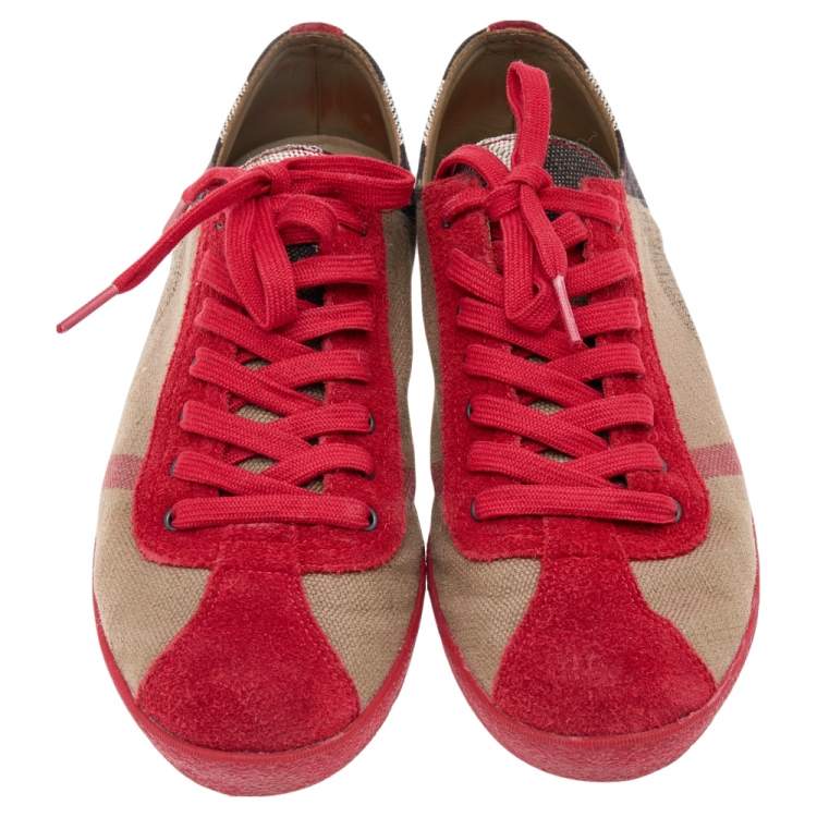 Pre Owned Burberry Red/Beige Suede And Novacheck Canvas Low Top Sneakers Size 39