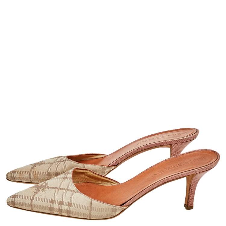 مملوكة مسبقًا Burberry Beige Haymarket Check Fabric Pointed Toe Mules Size 38