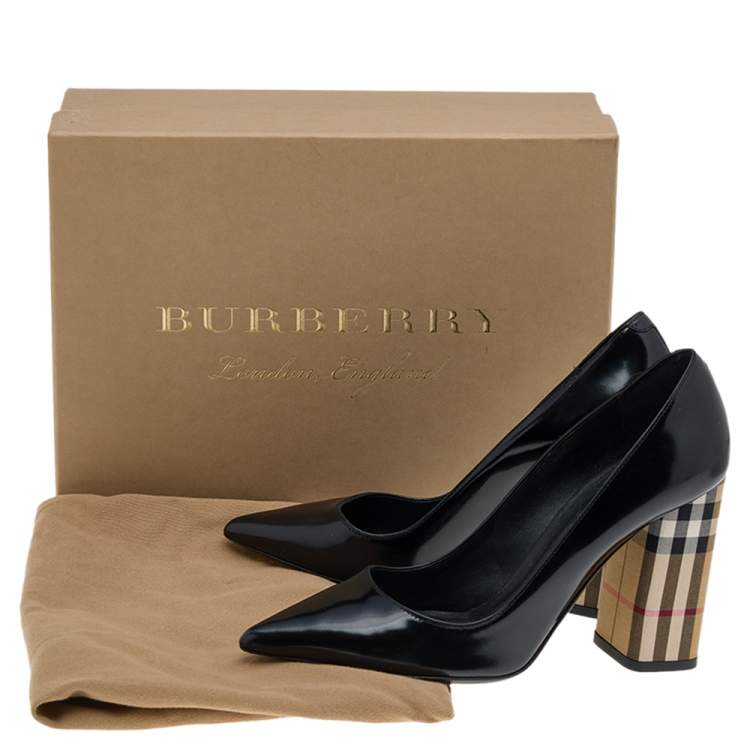 Pre Owned Burberry Black/Beige Leather And Vintage Check Dashwood Pumps Size 37.5