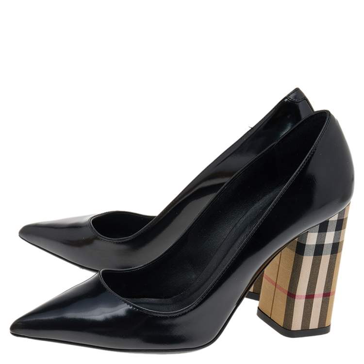 Pre Owned Burberry Black/Beige Leather And Vintage Check Dashwood Pumps Size 37.5