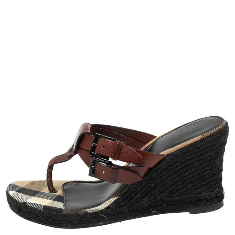 Pre Owned Burberry Brown Leather Wedge Espadrille Thong Slide Sandals Size 38