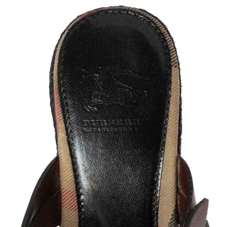 Pre Owned Burberry Brown Leather Wedge Espadrille Thong Slide Sandals Size 38