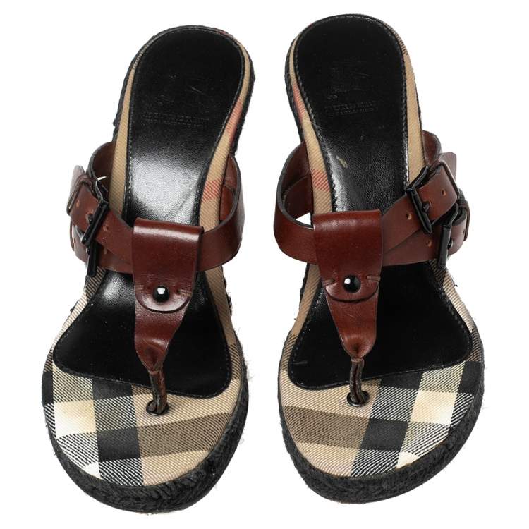 Pre Owned Burberry Brown Leather Wedge Espadrille Thong Slide Sandals Size 38
