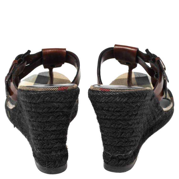 Pre Owned Burberry Brown Leather Wedge Espadrille Thong Slide Sandals Size 38