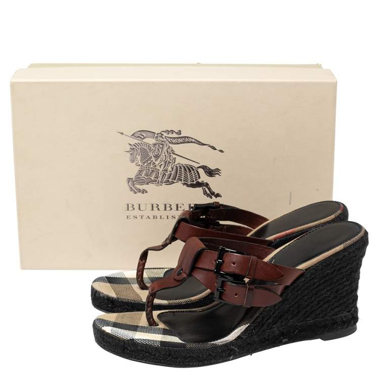 Pre Owned Burberry Brown Leather Wedge Espadrille Thong Slide Sandals Size 38