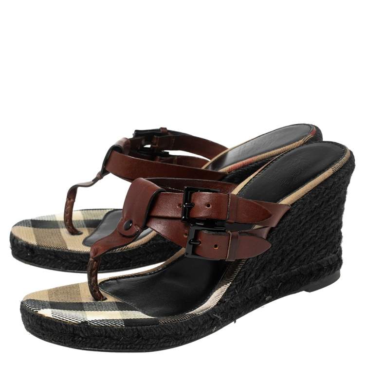Pre Owned Burberry Brown Leather Wedge Espadrille Thong Slide Sandals Size 38