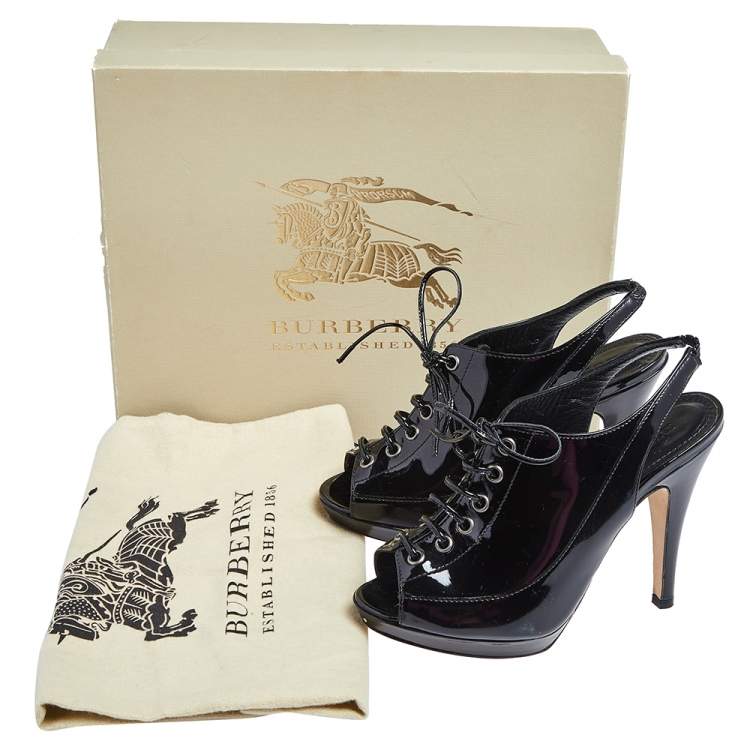 Pre Owned Burberry Black Patent Lace Up Slingback Sandals Size 36