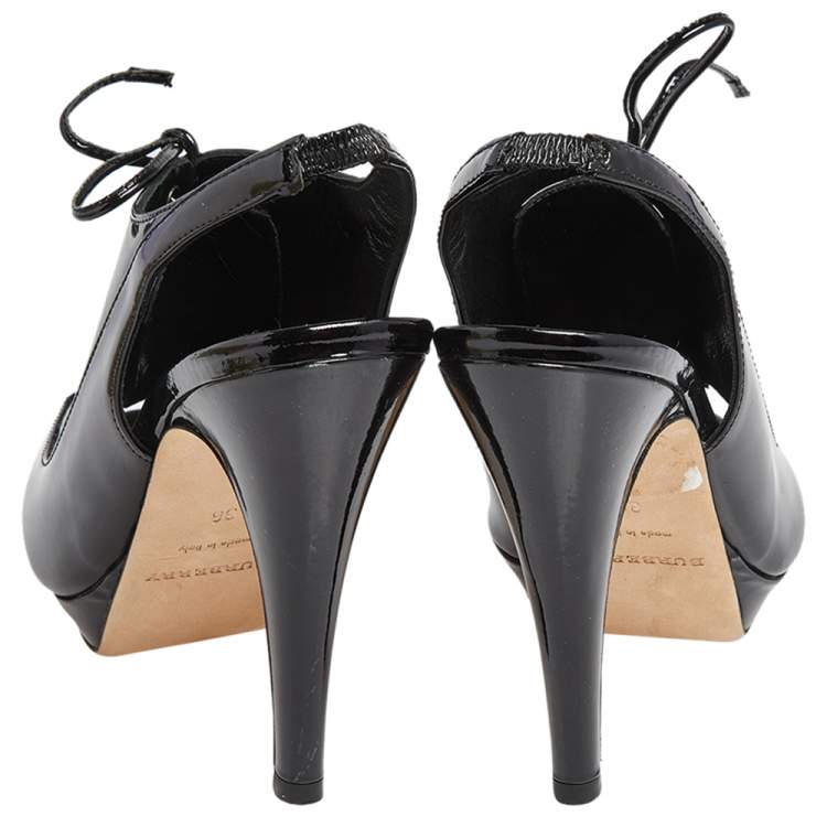 Pre Owned Burberry Black Patent Lace Up Slingback Sandals Size 36
