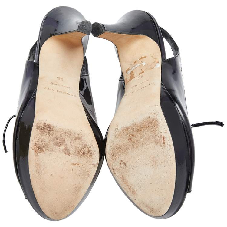 Pre Owned Burberry Black Patent Lace Up Slingback Sandals Size 36