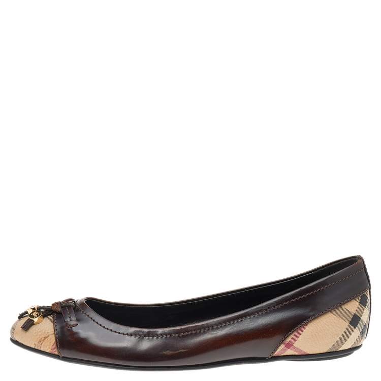 Pre Owned Burberry Dark Brown/Beige Leather And Haymarket Coated Canvas Bow Toe Cap Ballet Flats Size 37.5