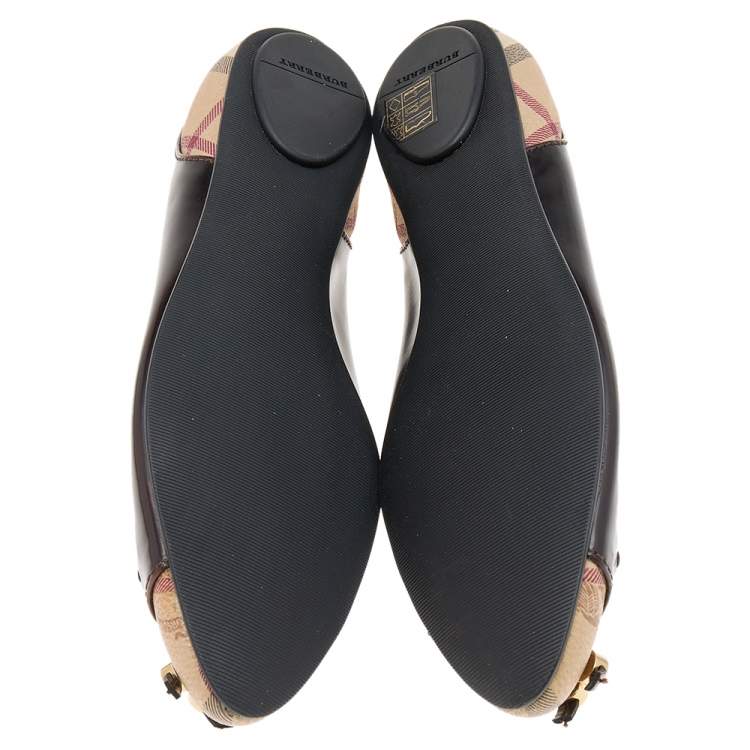 Pre Owned Burberry Dark Brown/Beige Leather And Haymarket Coated Canvas Bow Toe Cap Ballet Flats Size 37.5