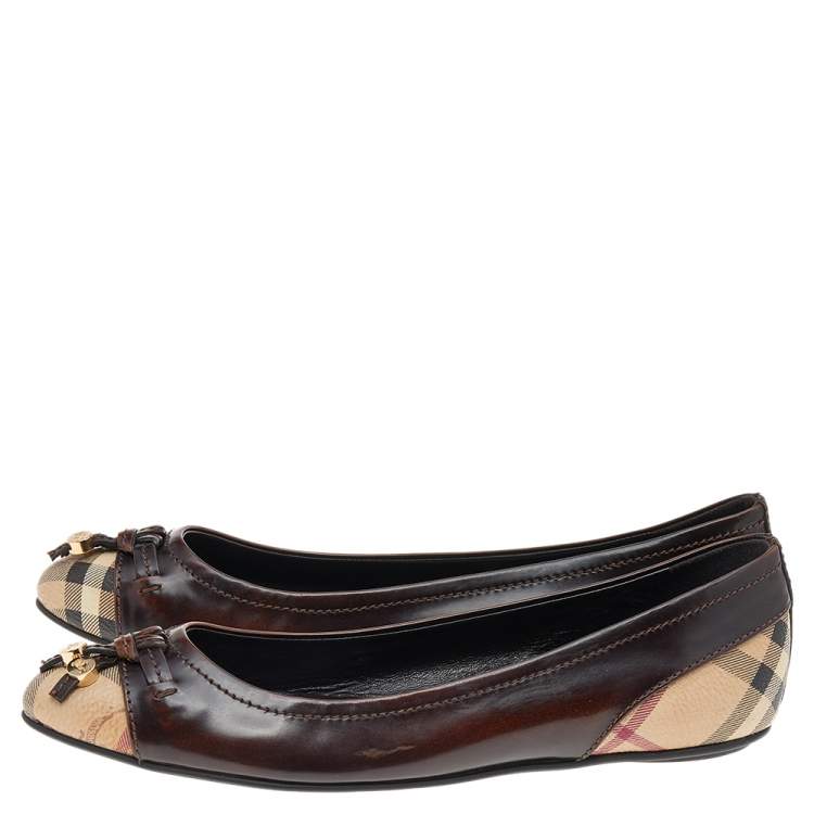 Pre Owned Burberry Dark Brown/Beige Leather And Haymarket Coated Canvas Bow Toe Cap Ballet Flats Size 37.5