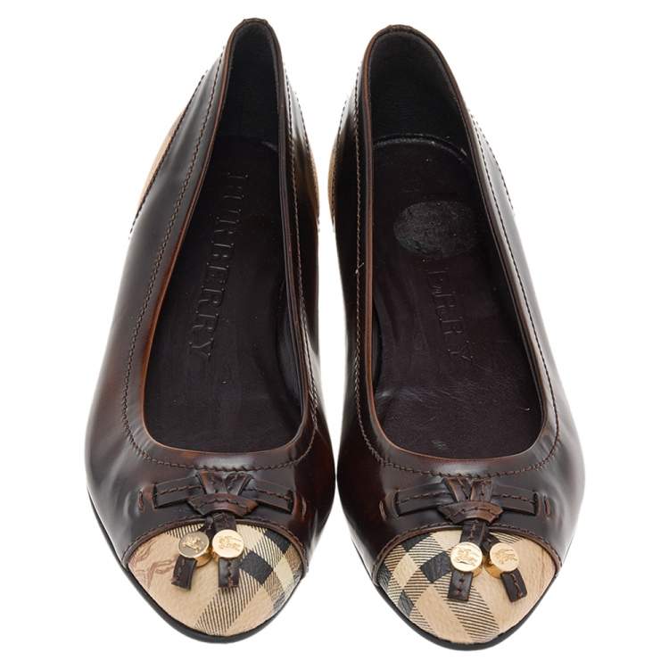 Pre Owned Burberry Dark Brown/Beige Leather And Haymarket Coated Canvas Bow Toe Cap Ballet Flats Size 37.5