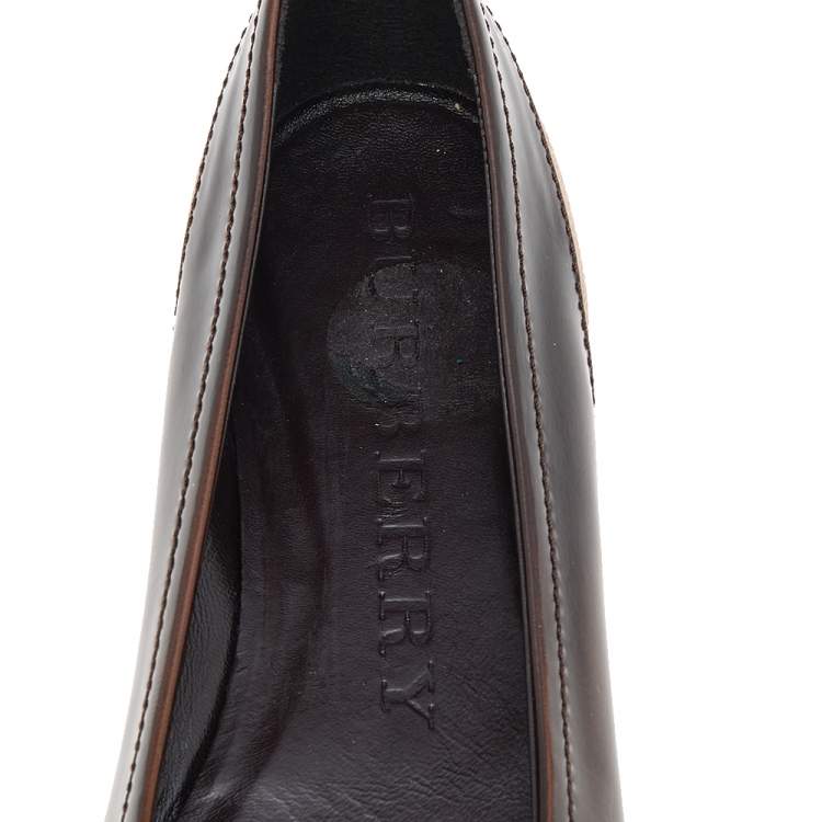 Pre Owned Burberry Dark Brown/Beige Leather And Haymarket Coated Canvas Bow Toe Cap Ballet Flats Size 37.5