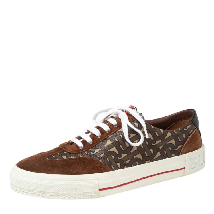 Pre Owned Burberry Brown Suede and Nelson Monogram Canvas Low-Top Sneakers Size 40