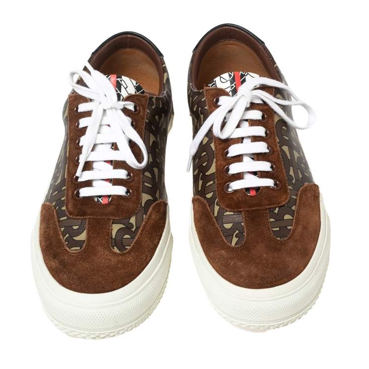 Pre Owned Burberry Brown Suede and Nelson Monogram Canvas Low-Top Sneakers Size 40