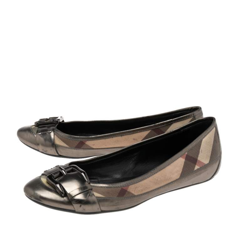 Pre Owned Burberry Beige Nova Check Canvas And Leather Avonwick Buckle Detail Ballet Flats Size 39