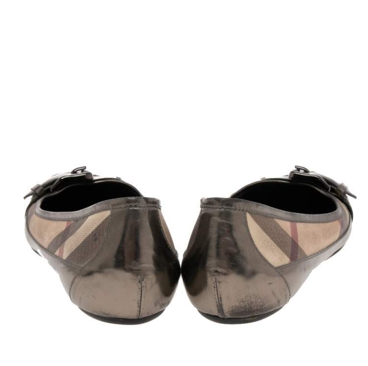 Pre Owned Burberry Beige Nova Check Canvas And Leather Avonwick Buckle Detail Ballet Flats Size 39