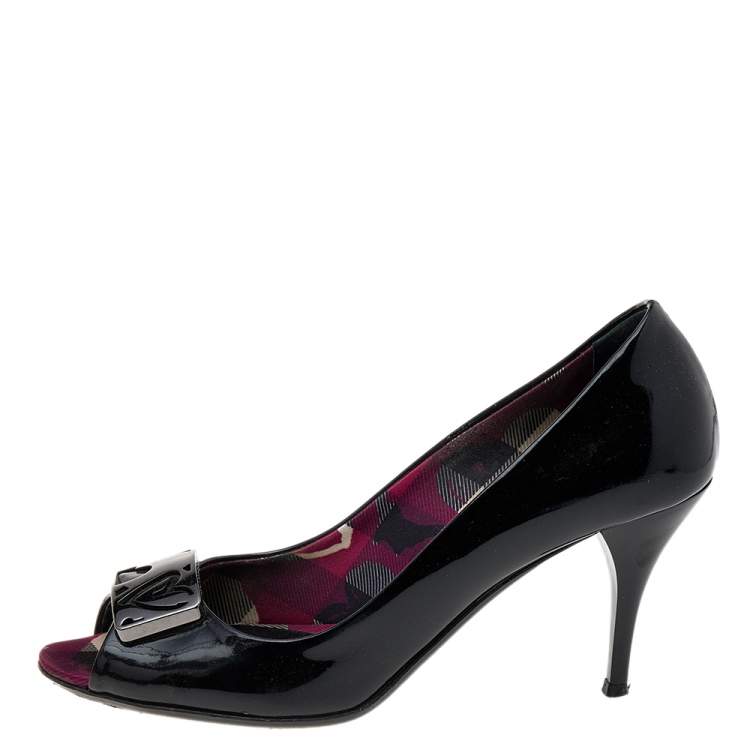 Pre Owned Burberry Black Patent Leather Embellished Pumps Size 36
