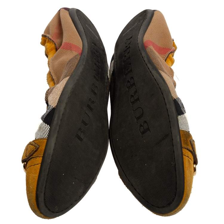 Pre Owned Burberry Yellow/Black Nova Check Suede And Canvas Scrunch Ballet Flats Size 39